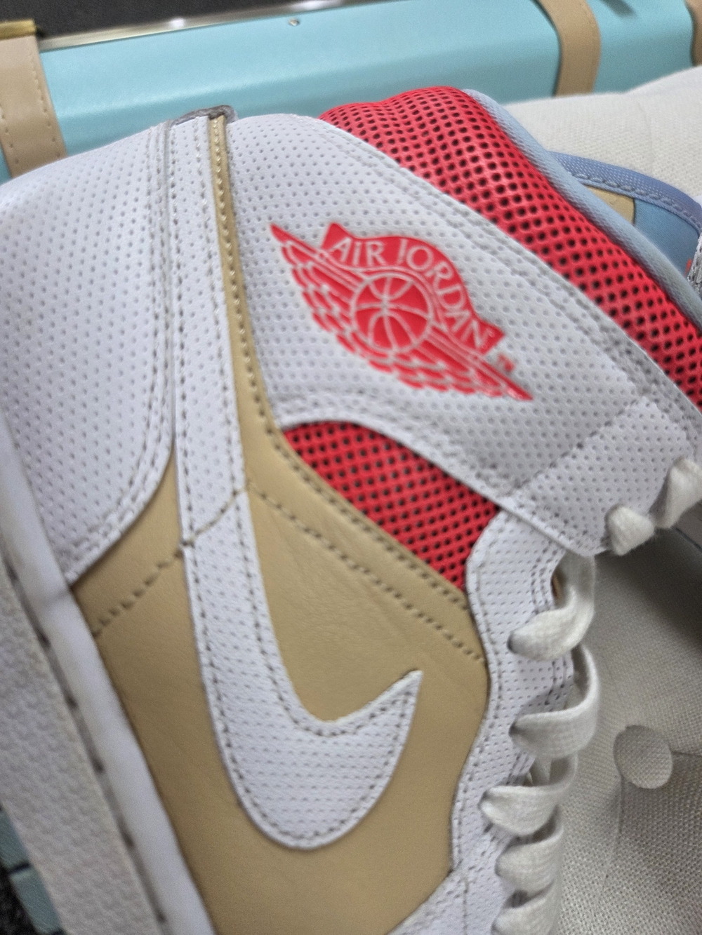 Nike Women's Athletic High-Top Sneakers in White, Tan, Neon Coral, Light Blue - Picture 3 of 6